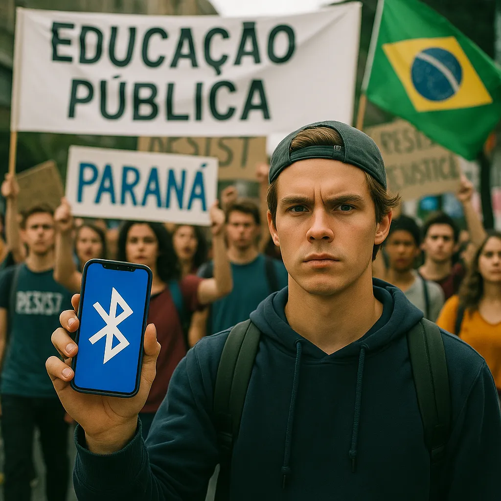 Manifestante estudantil no Paraná, Brasil, segurando um telefone com símbolo de Bluetooth, diante de uma multidão exigindo melhorias na educação pública e agitando faixas.