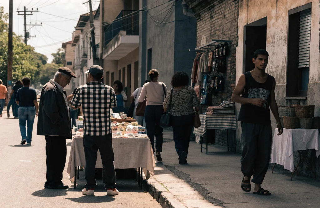 Comércio local e moradores em uma feira de rua no Paraná.