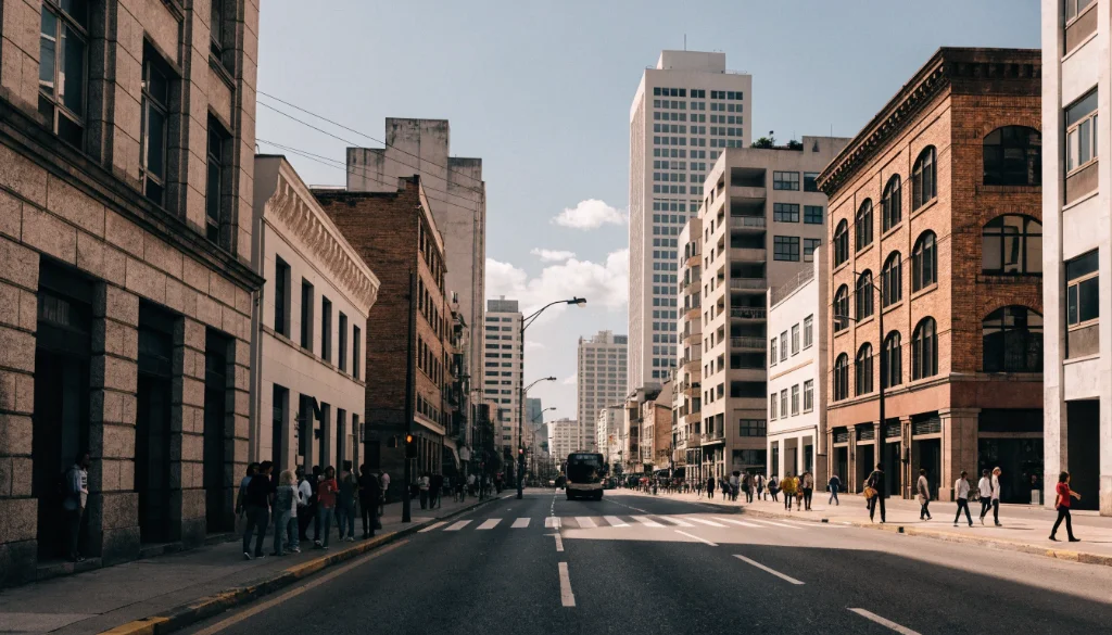 Vista urbana de Curitiba com ruas, edifícios e movimento cotidiano.