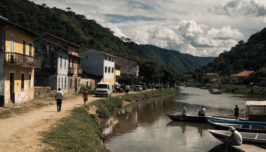Paisagem de Morretes com arquitetura histórica, rio e montanhas.