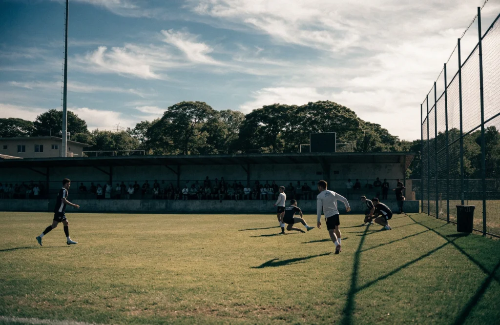 Campo de futebol e arquibancadas em um estádio paranaense.
