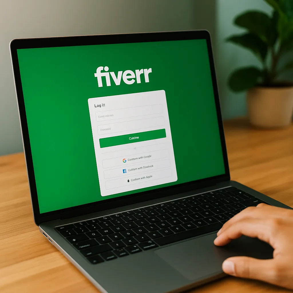 Fotografia digital de um laptop moderno sobre uma mesa de madeira exibindo a tela de login do Fiverr, com uma pessoa digitando e uma planta verde ao fundo, representando o acesso ao trabalho freelancer online.