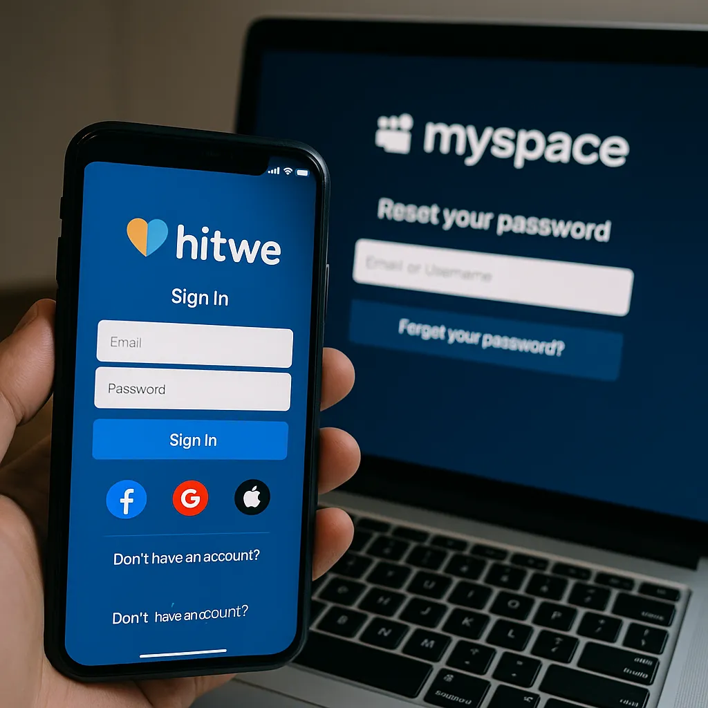 Fotografia digital de um smartphone exibindo a tela de login do Hitwe em primeiro plano, com um laptop ao fundo mostrando a página de redefinição de senha do Myspace.