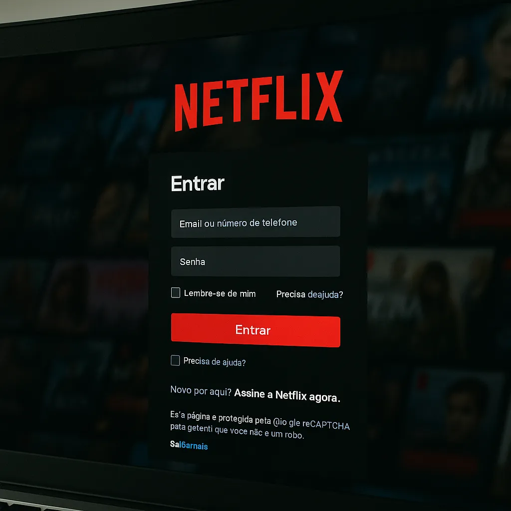 Fotografia digital de uma tela de computador exibindo a página de login da Netflix com campos de e-mail e senha, botão vermelho de entrada e fundo desfocado com miniaturas de filmes.