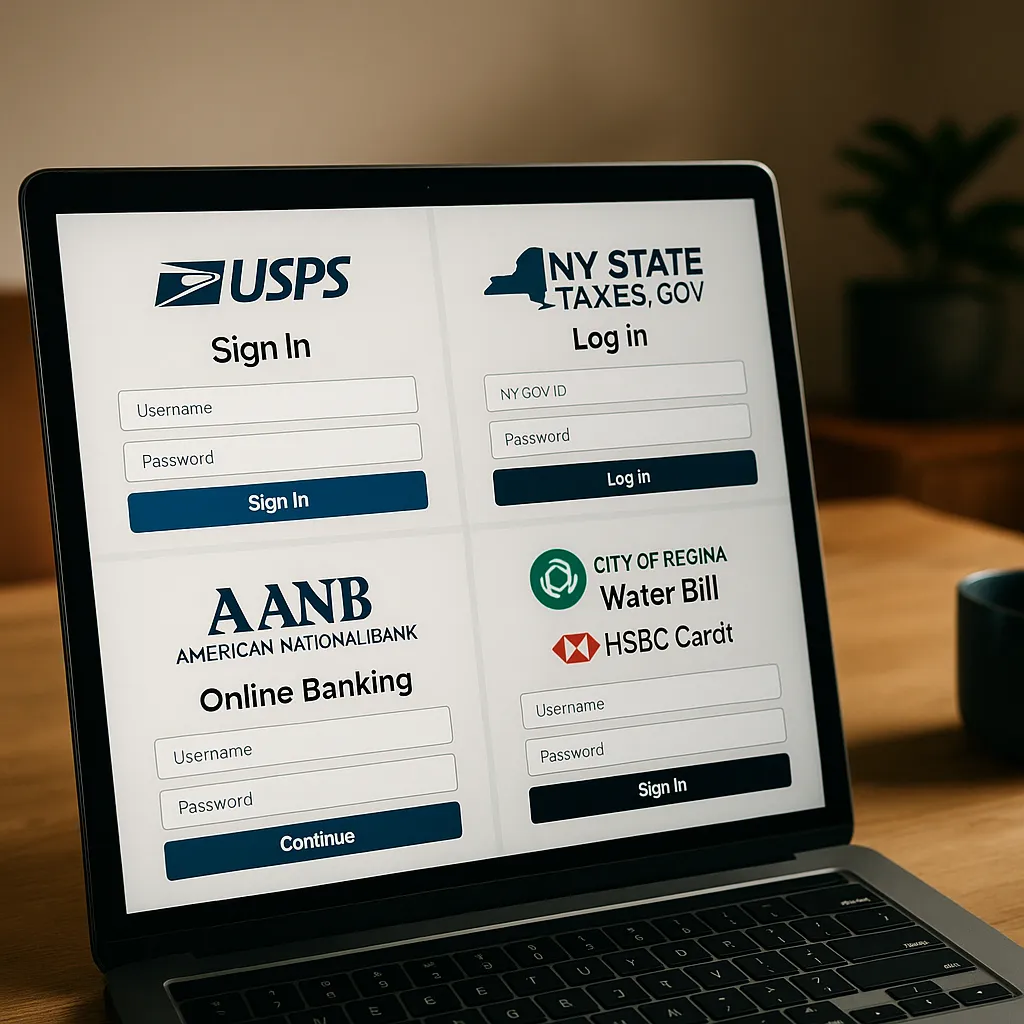 Fotografia de um laptop exibindo quatro telas de login: USPS, Impostos do Estado de Nova York, American National Bank e Conta de Água da Cidade de Regina com HSBC, sobre uma mesa de madeira.