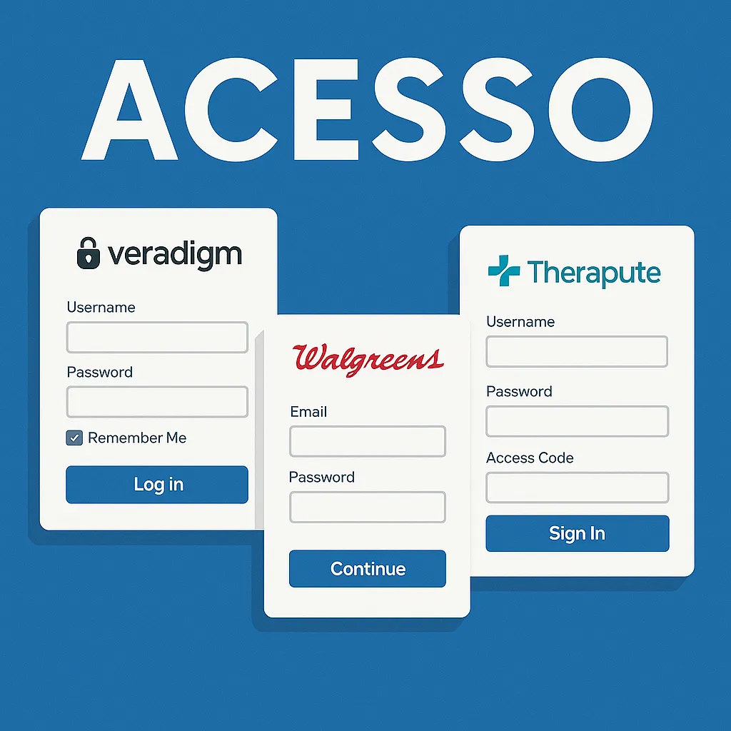 Gráfico digital com telas de login do Veradigm, Walgreens e Therapute sobre fundo azul, destacando interfaces de acesso a serviços de saúde em 2025.