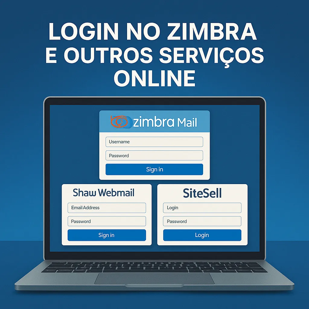 A digital image showing a laptop screen with login interfaces for Zimbra Mail, Shaw Webmail, and SiteSell, symbolizing secure online access.