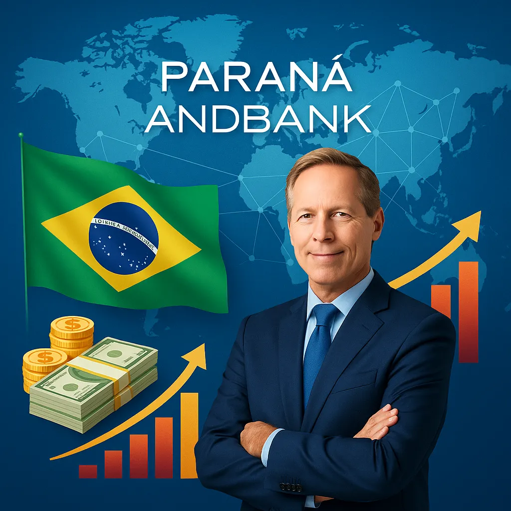 Empresário de terno em frente à bandeira do Brasil, ao mapa-múndi, a gráficos financeiros e ao título do Paraná Andbank, representando a expansão bancária global.