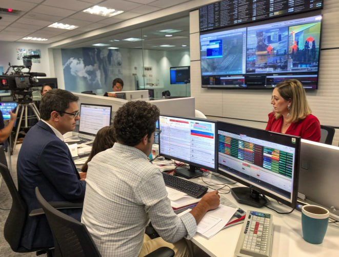 Redação de jornal no Paraná com jornalistas trabalhando em computadores e telas exibindo notícias e gráficos.