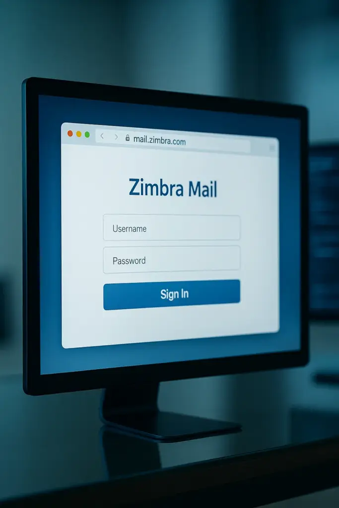 Tela de login do Zimbra Mail aberta em navegador moderno em um monitor de alta resolução, com ícone de conexão segura, interface limpa e ambiente digital ao fundo.